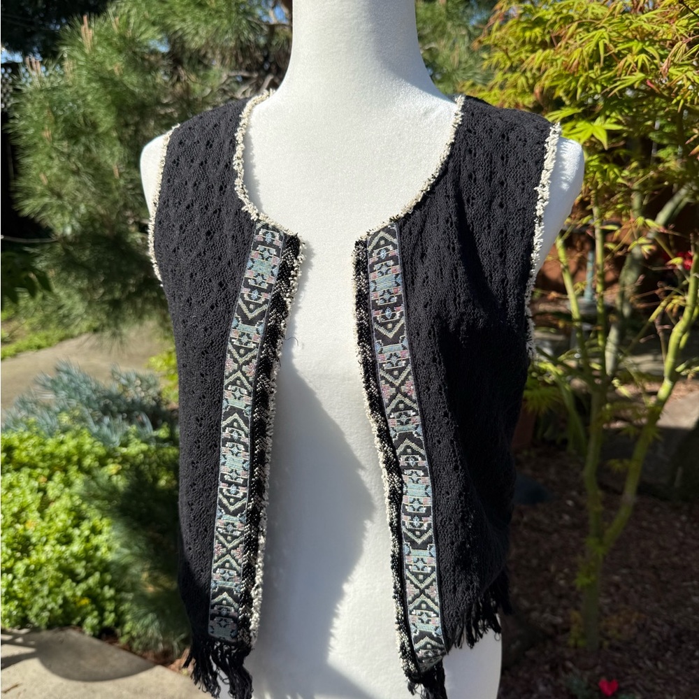 Miss Me Black Textured Fringe Vest with Embroidered Trim